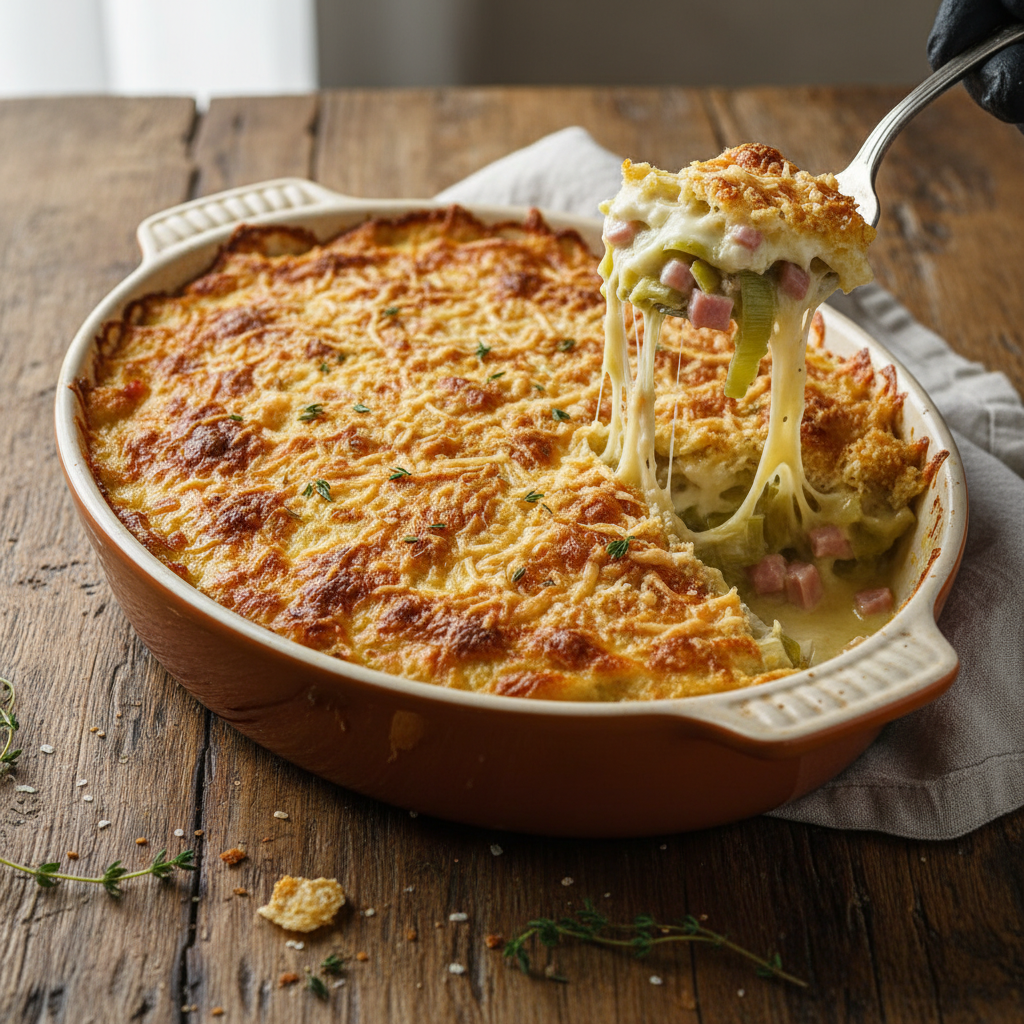 Gratin de poireaux au jambon et fromage