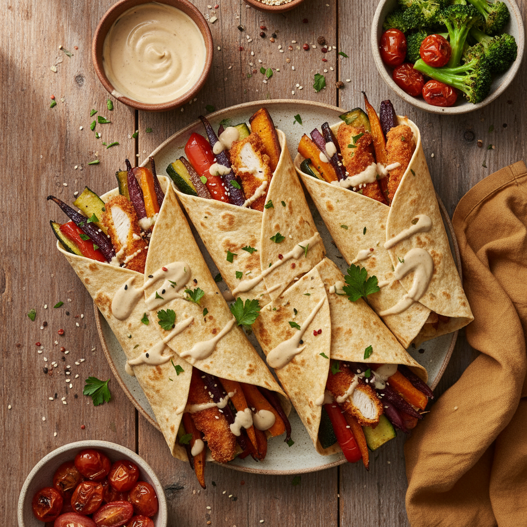 Wraps au poulet, légumes rôtis et sauce tahini
