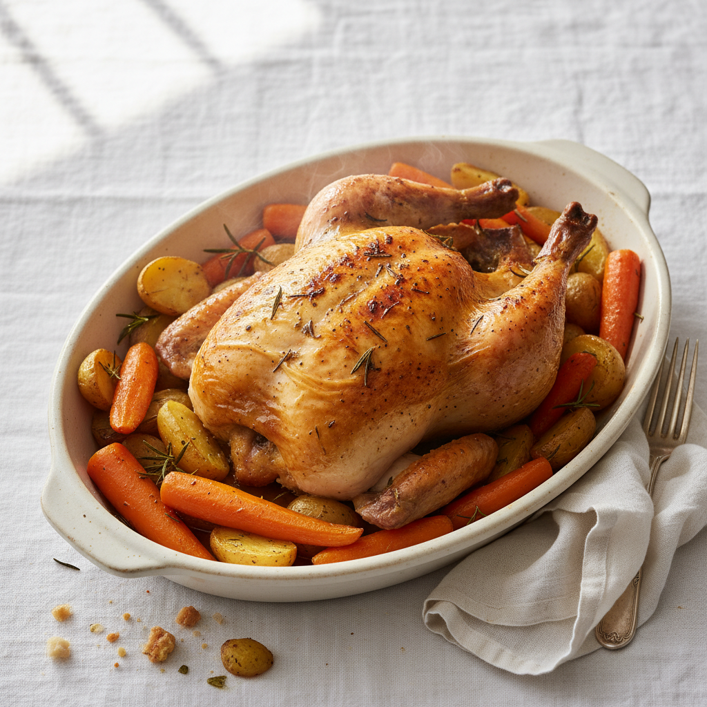 Poulet rôti aux carottes et pommes de terre