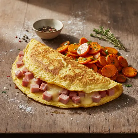 Schinken-Gruyère-Omelett mit gebratenen Möhren