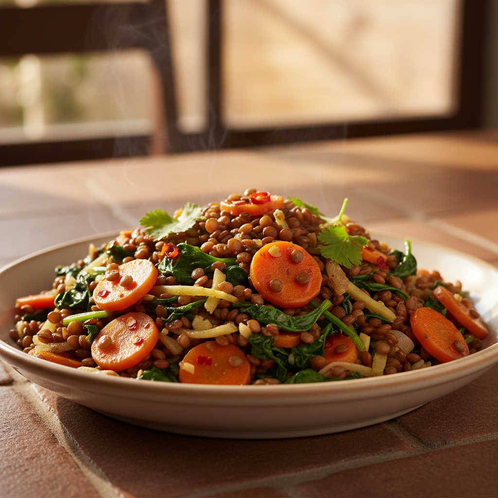Sauté de Lentilles, Carottes et Épinards