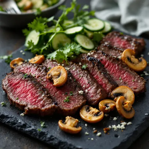 Bavette de bœuf aux champignons sautés et salade de concombre