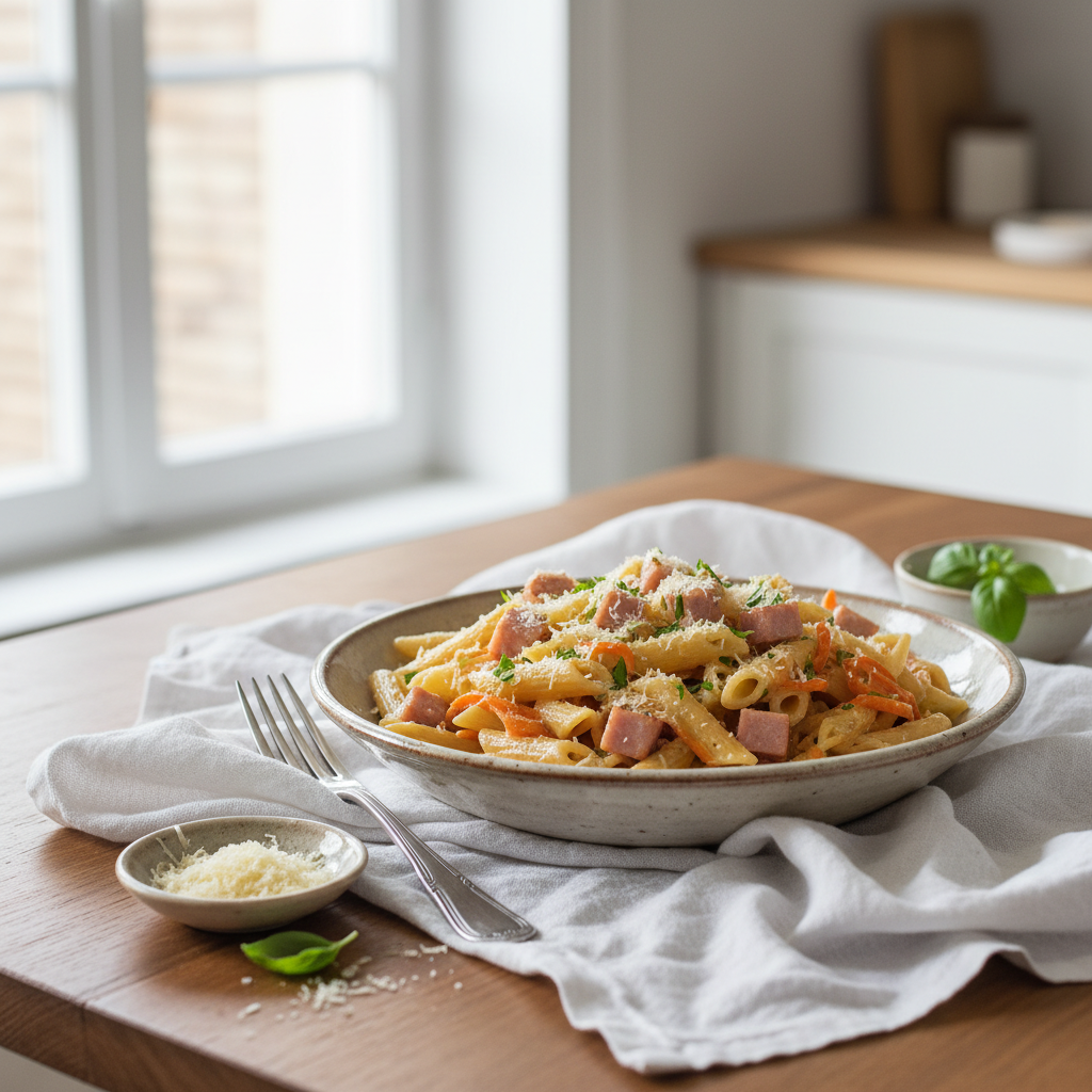 Pâtes Jambon, Carottes et Sauce Parmesan