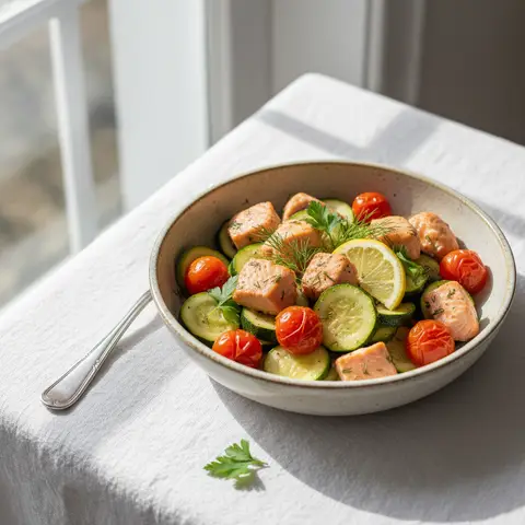 Lachspfanne mit Zucchini und Kirschtomaten