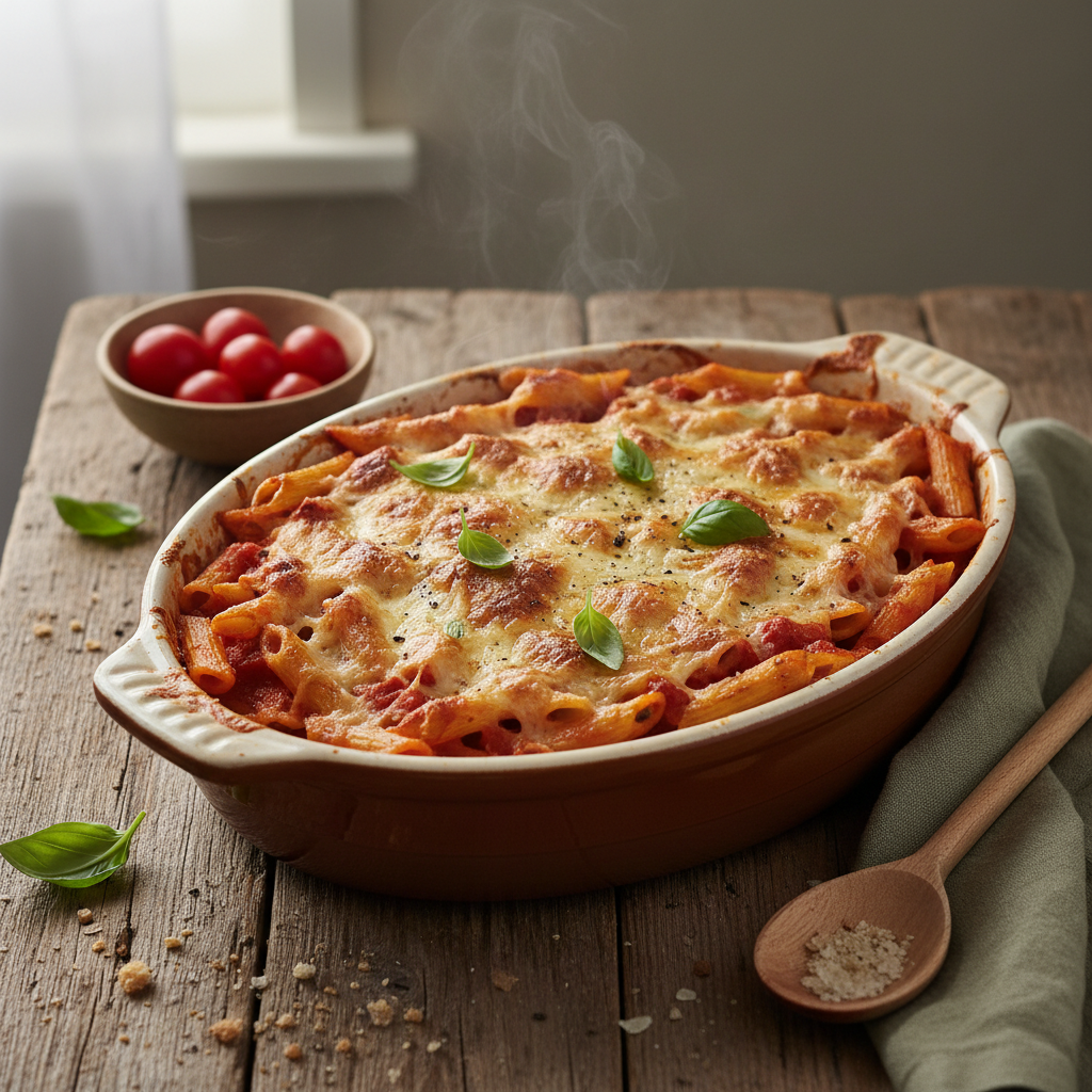 Gratin de penne au fromage et tomates