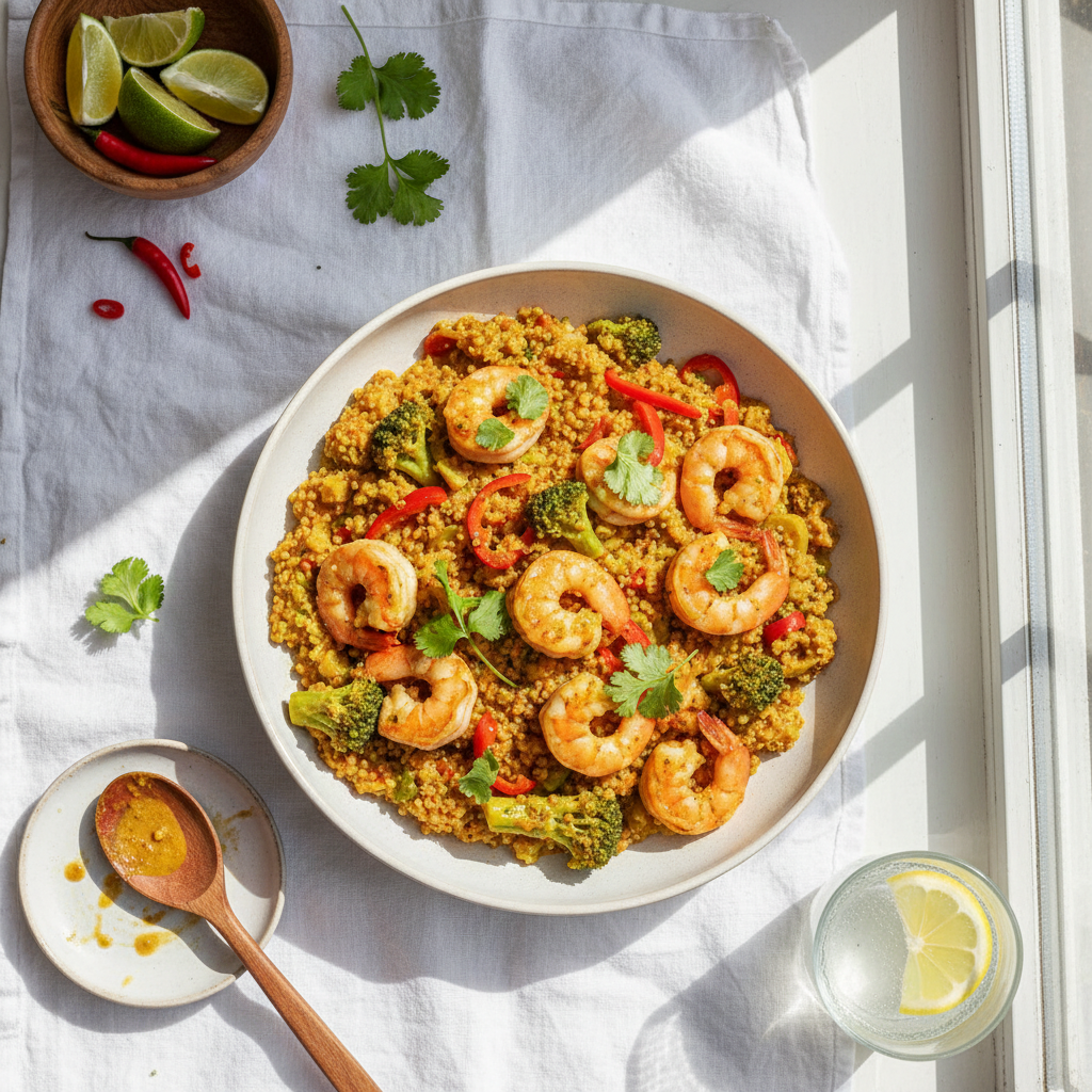 Curry de Quinoa aux Brocolis et Crevettes