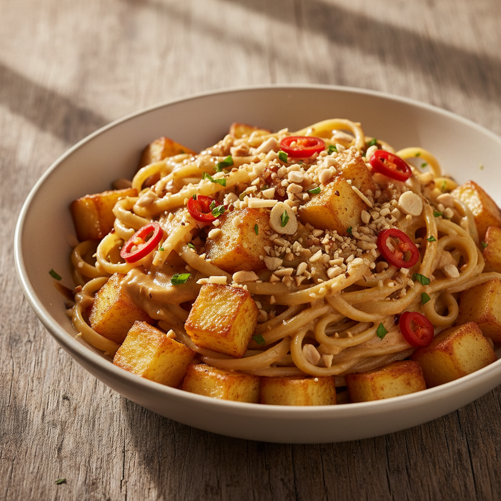 Pâtes Asiatiques aux Pommes de Terre Croustillantes, Sauce Cacahuète-Orange