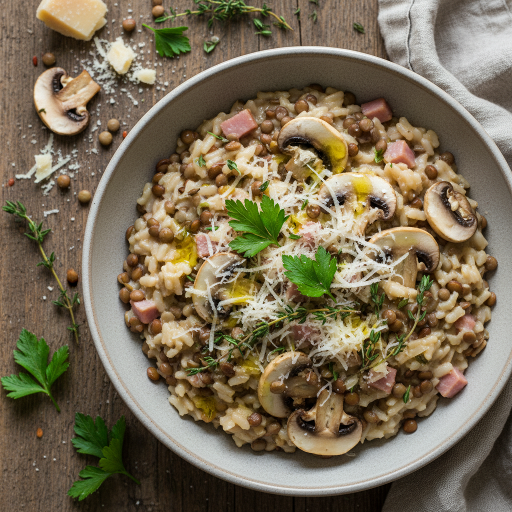 Risotto aux Lentilles, Jambon et Champignons