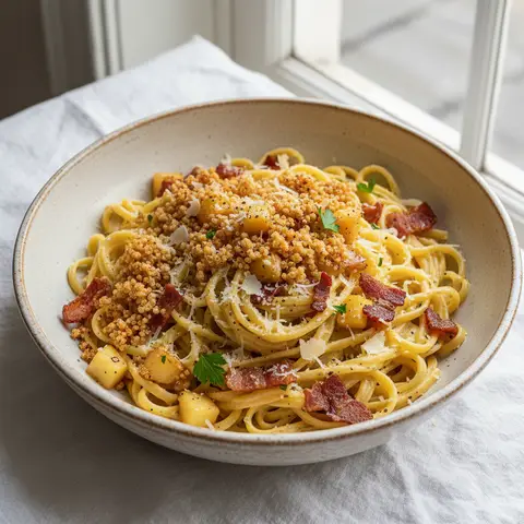 Pasta Carbonara with Crispy Quinoa and Apples
