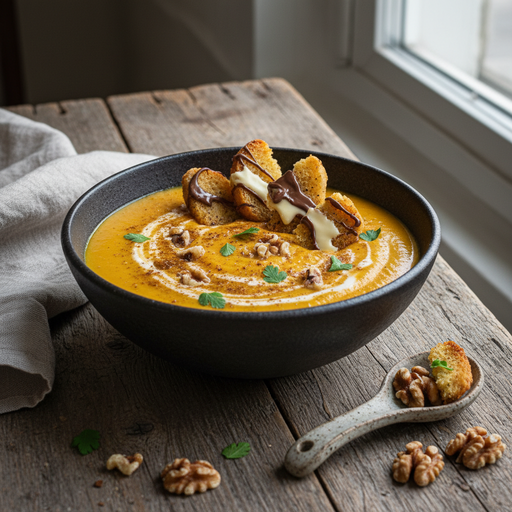 Velouté de Carottes aux Noix et Curry avec Croûtons Chocolatés