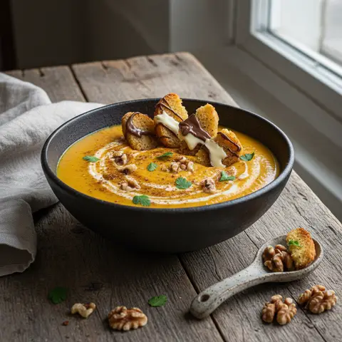 Karottencreme mit Nüssen und Curry und schokoladigen Croutons