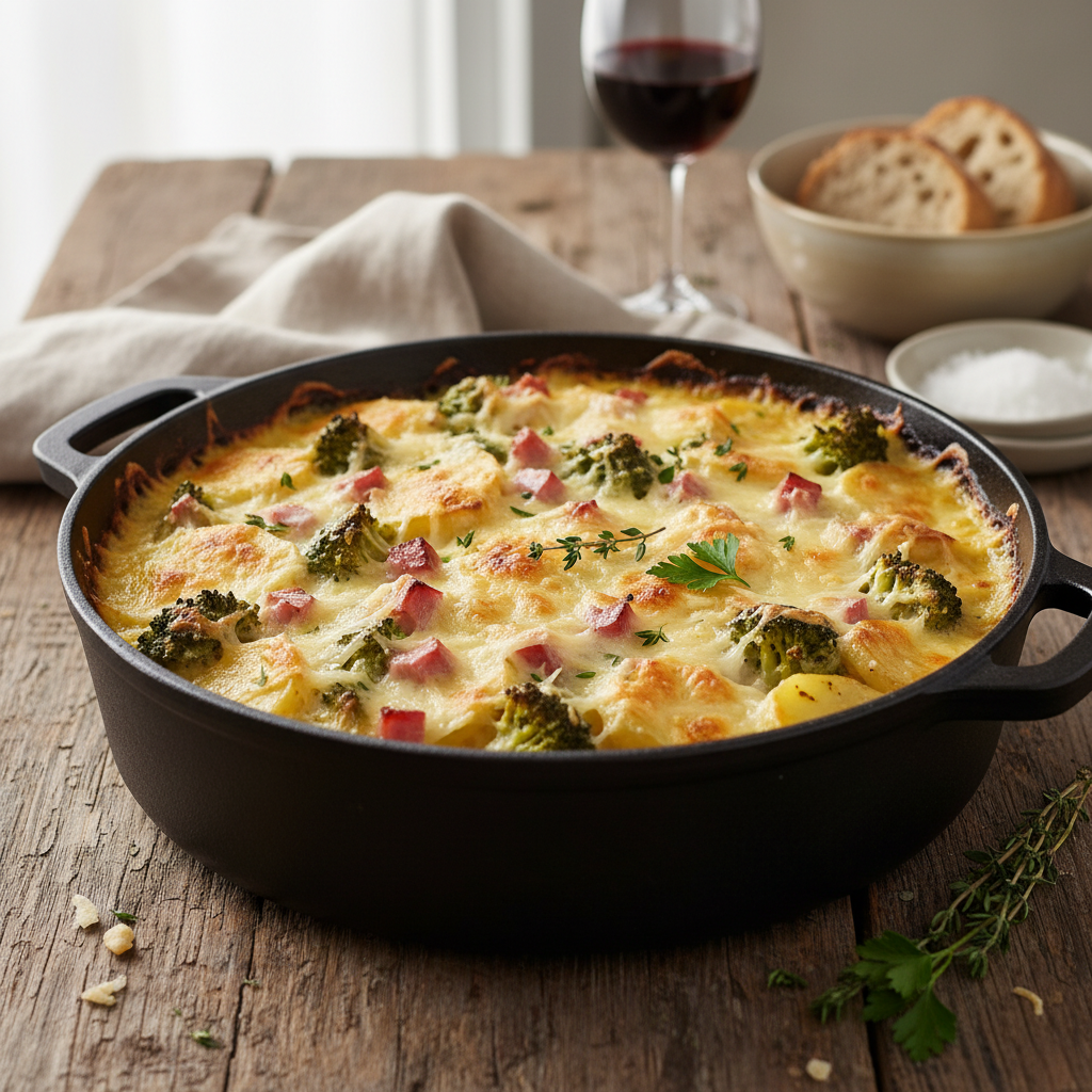 Gratin de pommes de terre, jambon et brocoli
