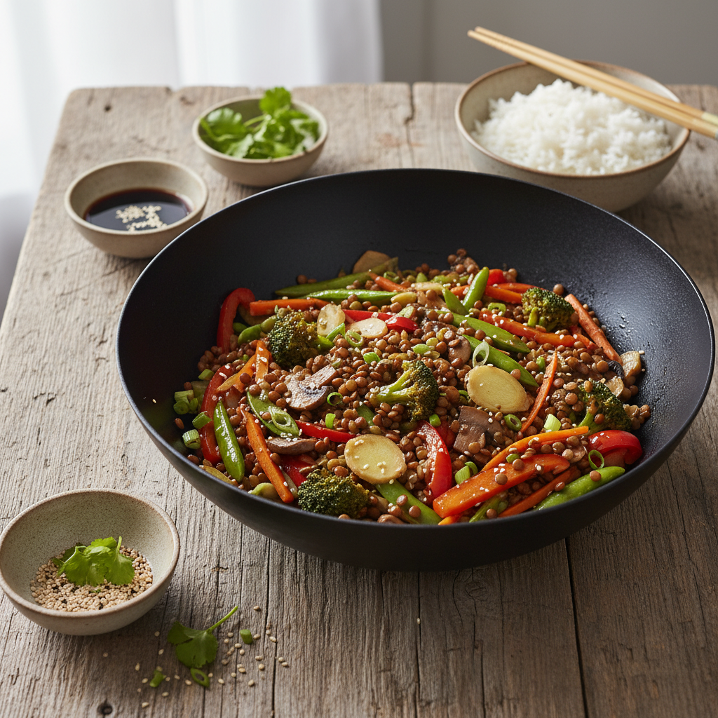 Wok de légumes aux lentilles, style asiatique avec sauce soja-gingembre