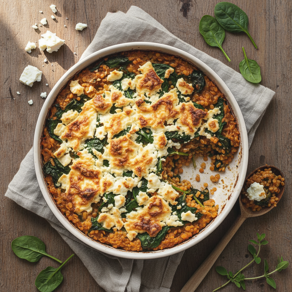 Lentilles corail gratinées aux épinards et feta