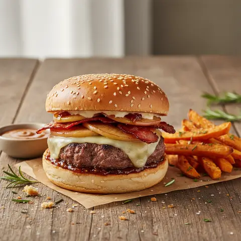 Hausgemachter Burger mit Hacksteak und Äpfeln