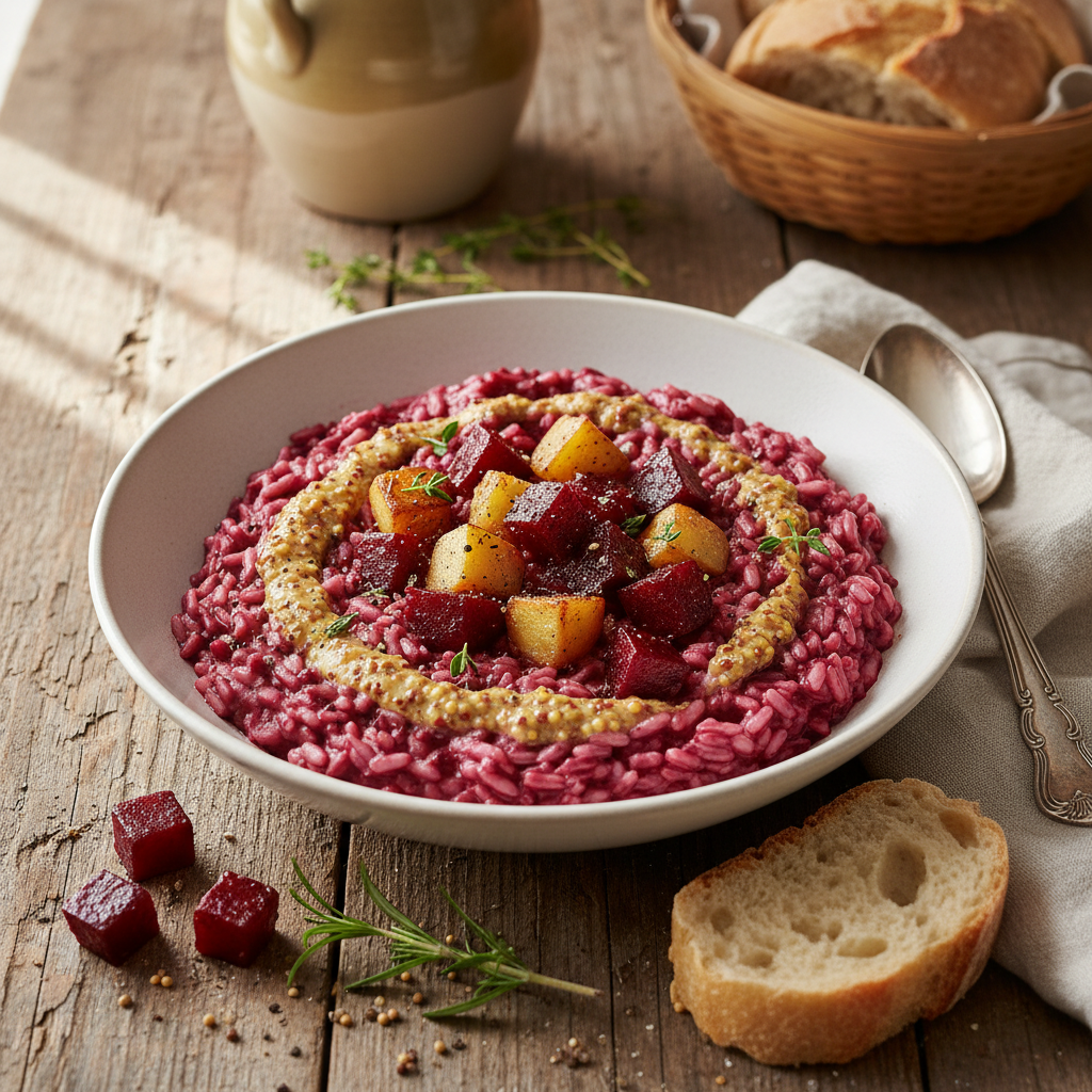 Risotto Crémeux Pommes de Terre-Betterave et Moutarde Italienne
