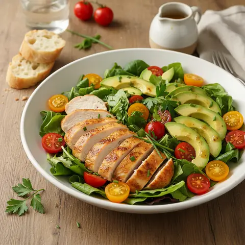 Köstlicher Blattsalat mit Hähnchen, Avocado und Tomaten