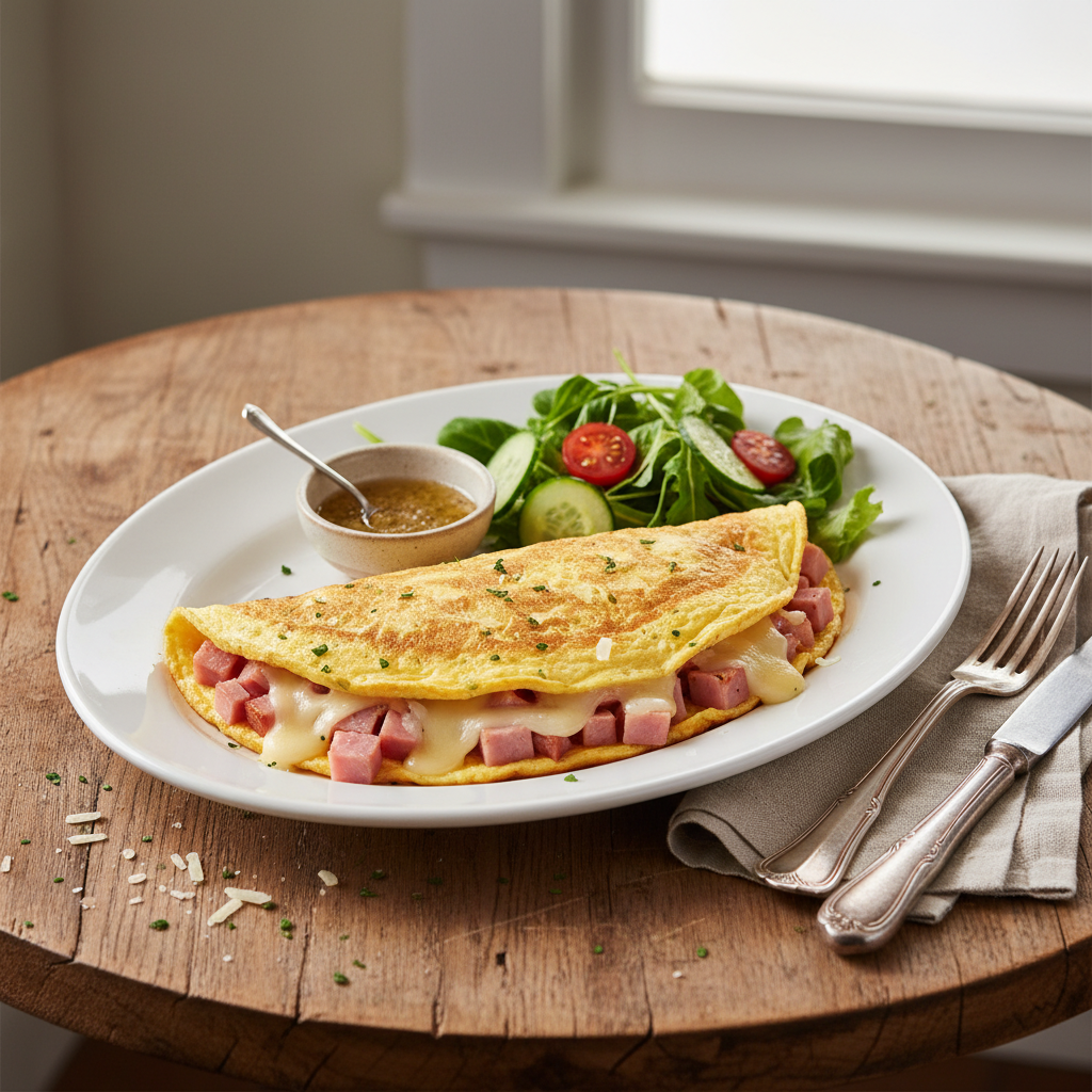 Omelette jambon-fromage et salade