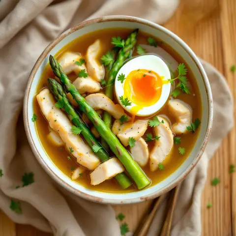Bouillon de poulet aux asperges et œuf mollet