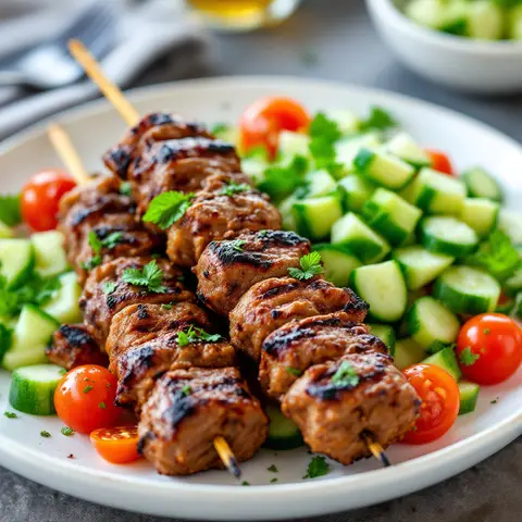 Boulettes d'agneau (kefta) grillées, salade de concombre et tomates