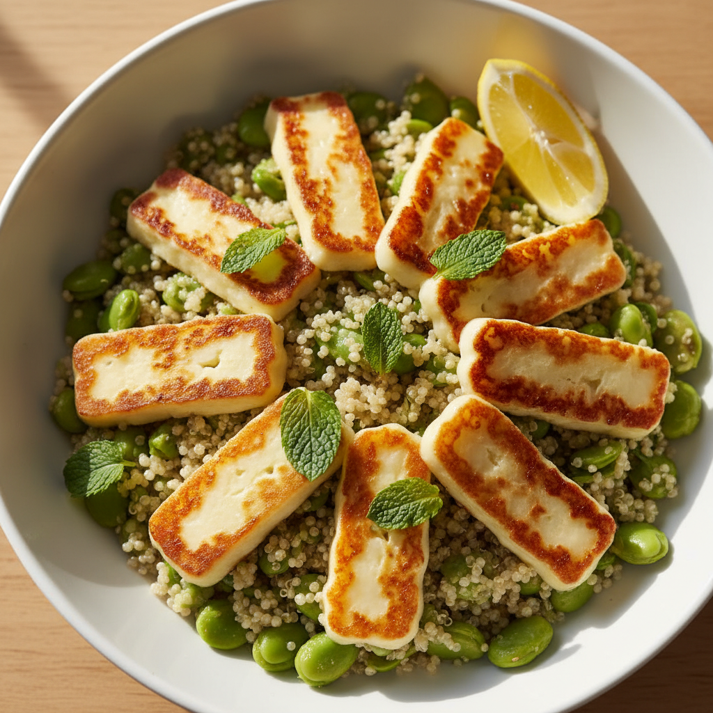 Bowl quinoa & fèves au halloumi grillé