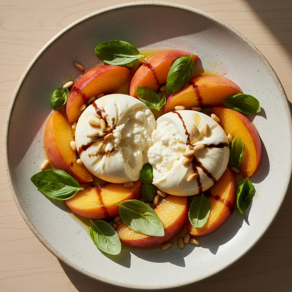 Burrata & pêche au basilic pignons