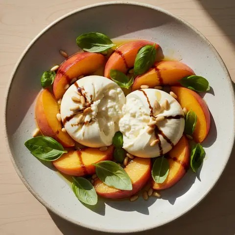 Burrata & pêche au basilic pignons