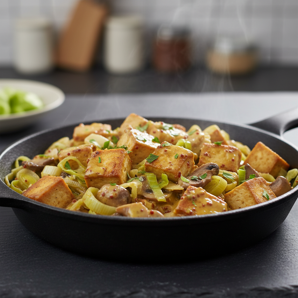 Poêlée de tofu fumé aux poireaux et moutarde