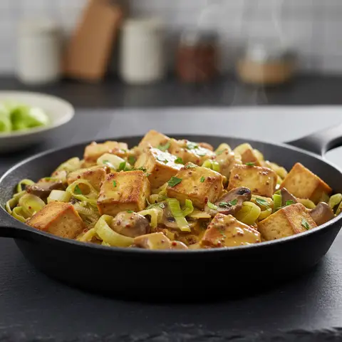 Pan-Seared Smoked Tofu with Leeks and Mustard Sauce