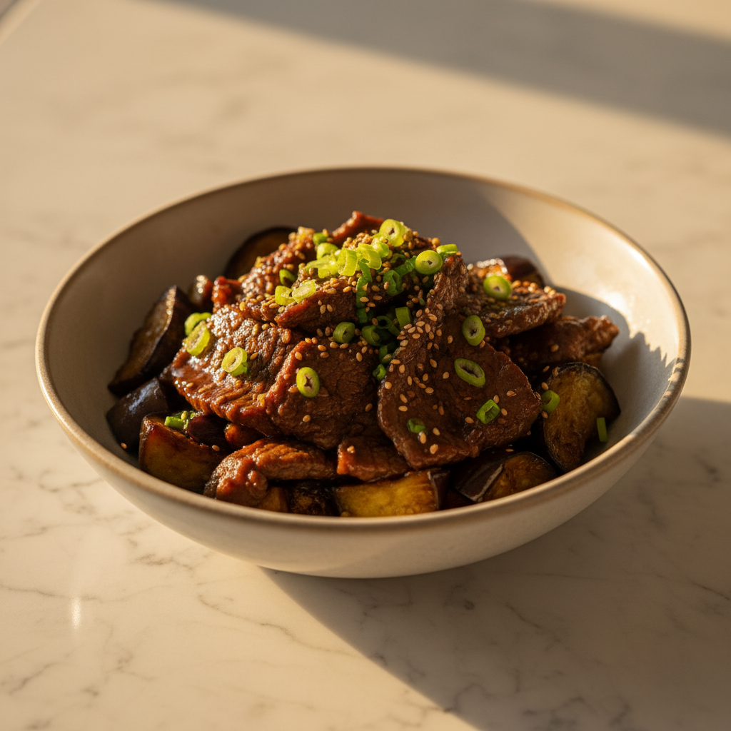 Poelee de boeuf teriyaki aux aubergines et oignons verts
