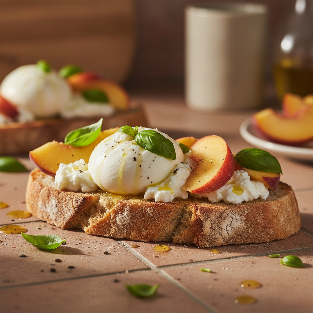 Tartine burrata & pêche au basilic