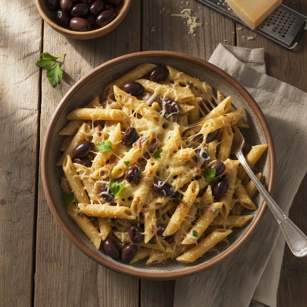 Penne aux Olives et Gruyère
