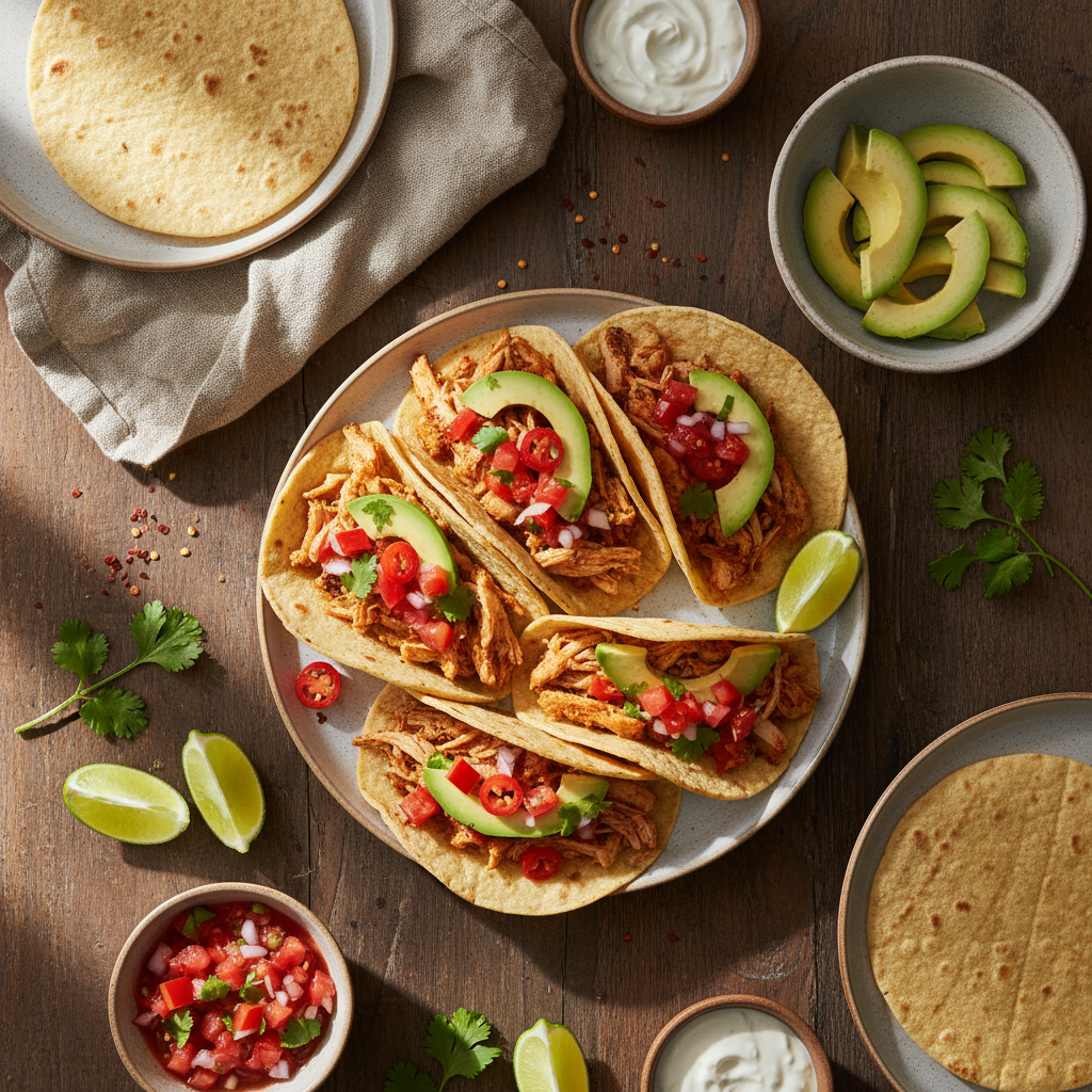 Tacos de poulet avec salsa de tomate et avocat