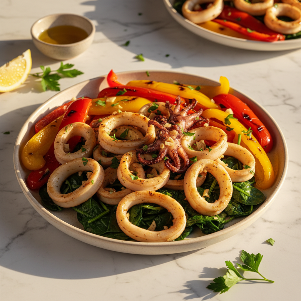 Encornets grillés à la portugaise et poivrons