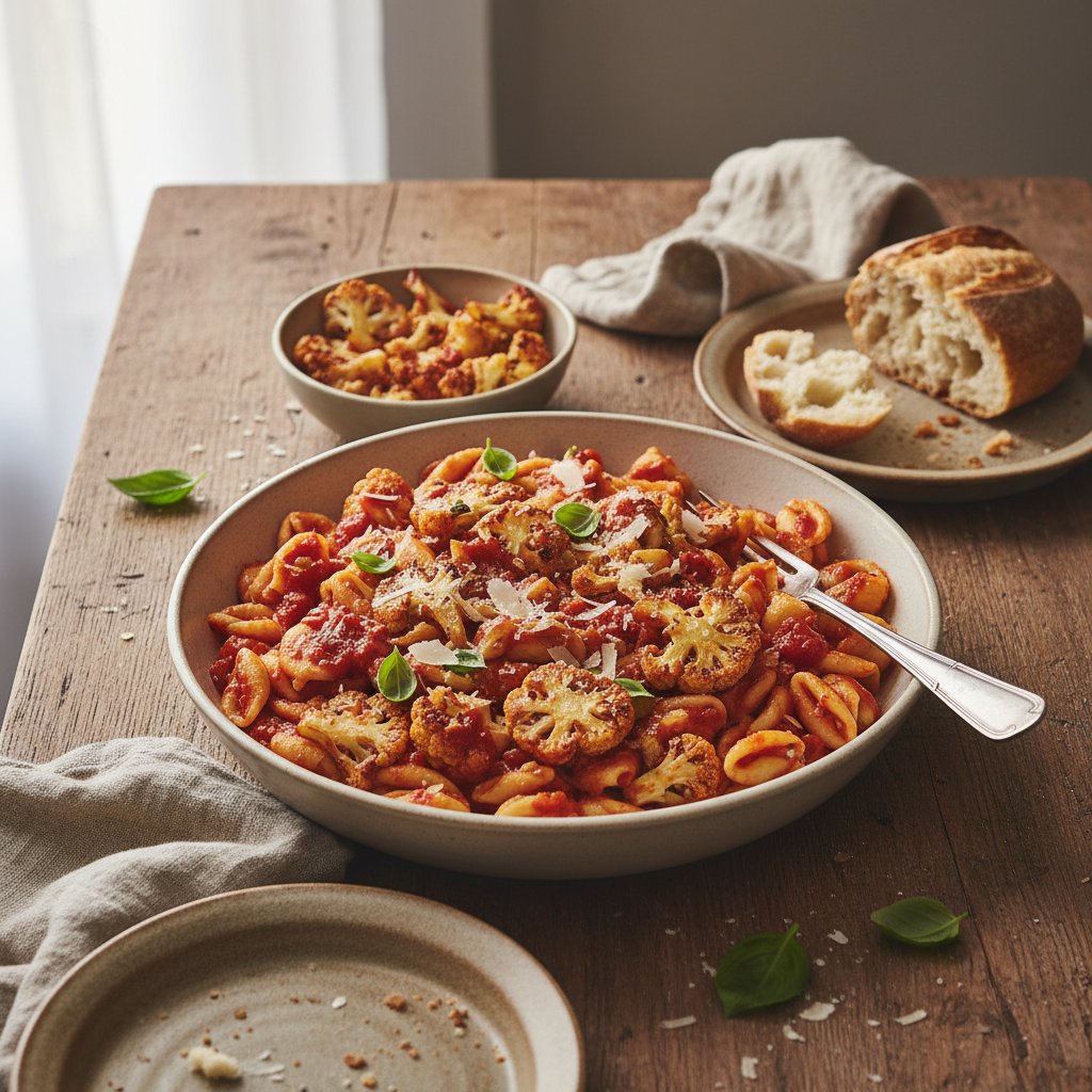 Pâtes à la sauce tomate et chou-fleur rôti
