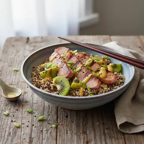 Asiatische Sweet-Savoury-Bowl: Quinoa, Kiwis, Schinken und Miso-Senf-Sauce