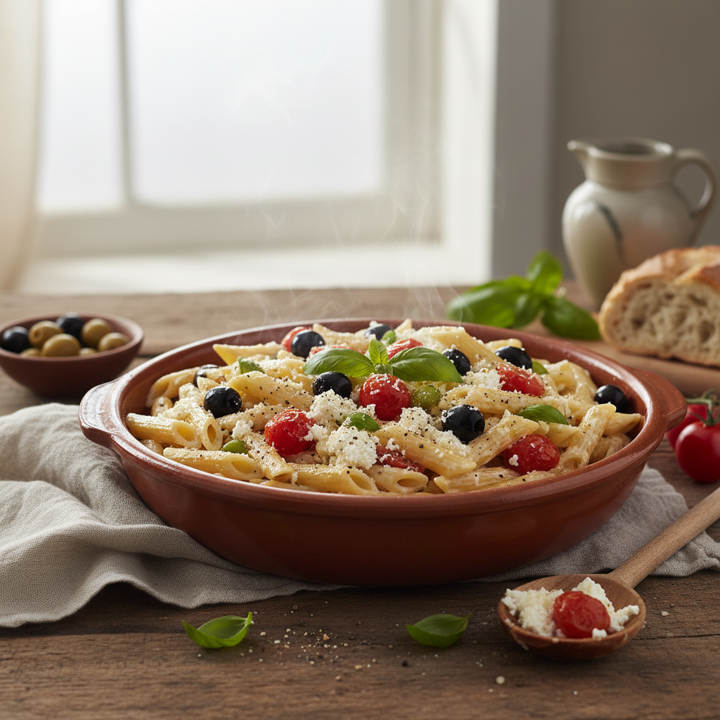 Penne aux Olives, Tomates et Ricotta