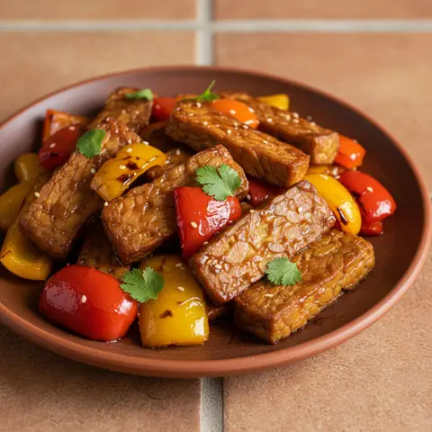 Glazed Tempeh with Tricolor Peppers