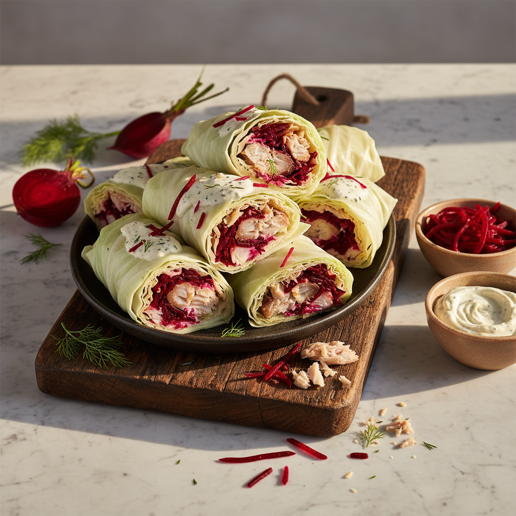 Wrap chou au maquereau, betterave et raifort