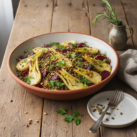 Pfanne mit Fenchel und Rote Bete mit Linsen
