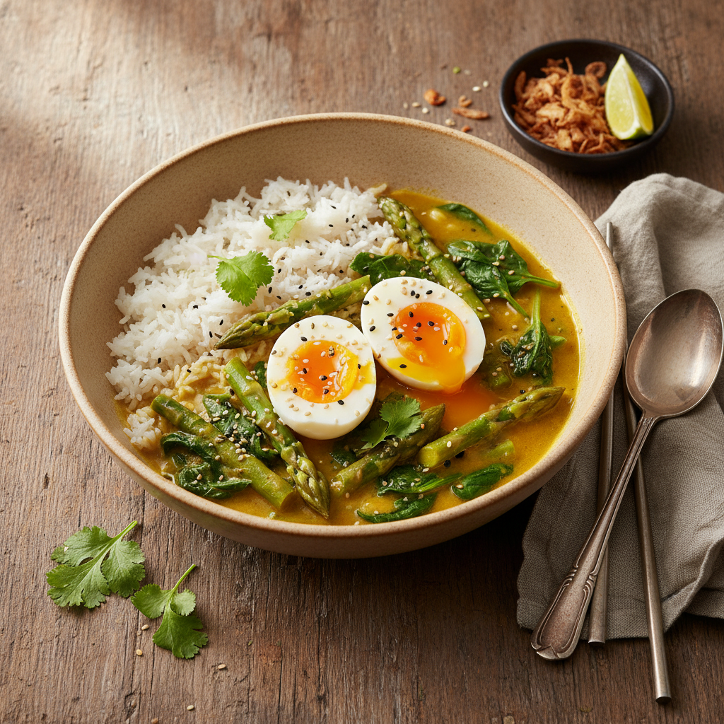 Curry asiatique asperges-épinards aux œufs