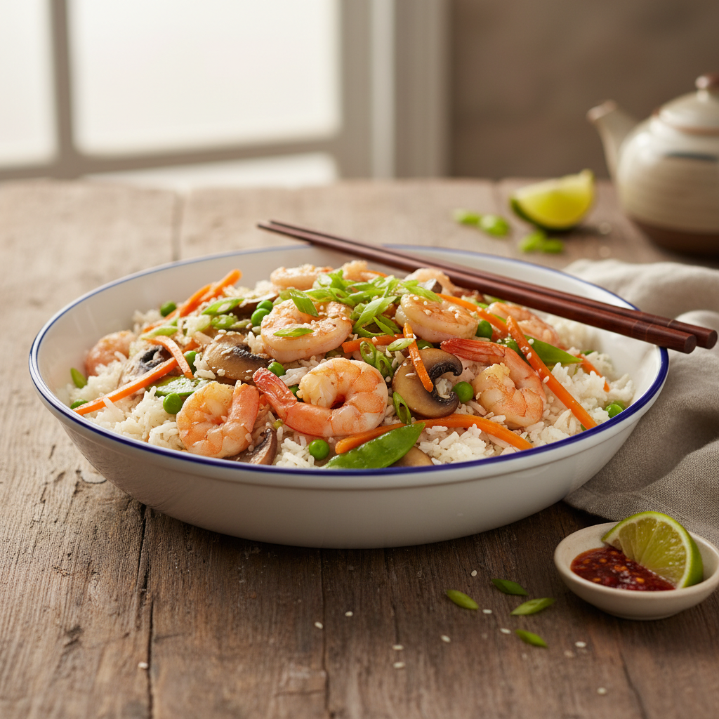 Riz sauté aux crevettes et légumes