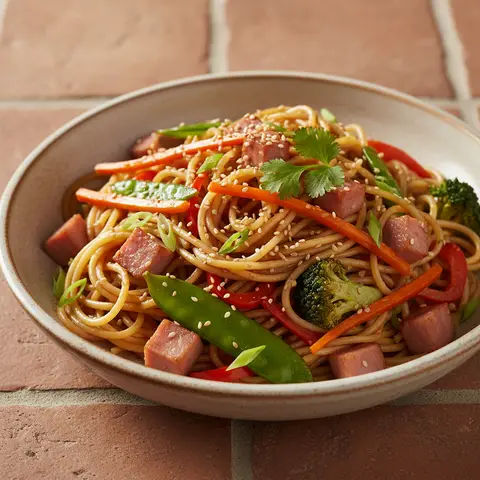 Asiatisches Nudelstir-Fry mit Schinken und Gemüse