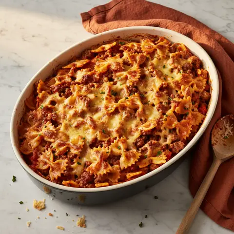 Überbackene Farfalle mit Hackfleisch und Tomatensoße