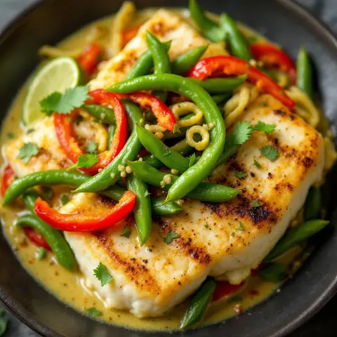 Cabillaud au curry vert thaï et légumes croquants