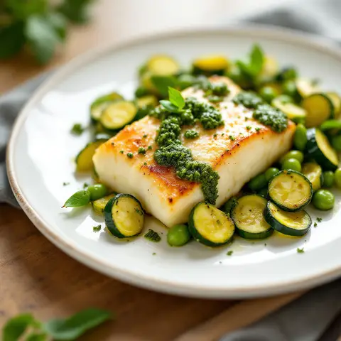 Cabillaud poêlé, courgettes et fèves au pistou express
