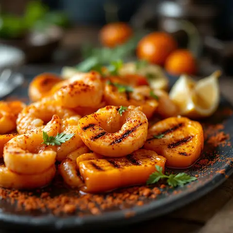 Calamars farcis aux épinards et feta, poivrons grillés