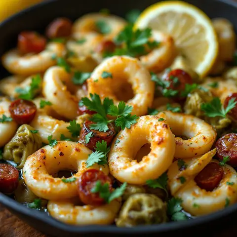 Calamars sautés au chorizo et artichauts