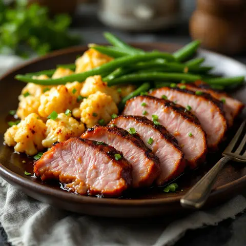 Canard sauté au chou-fleur et haricots verts, sauce soja-ail