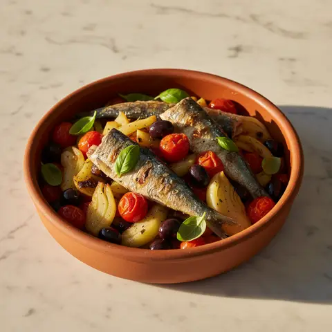 Schale mit gegrillten Sardinen und provenzalischem Gemüse